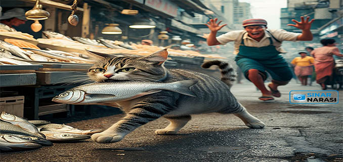 Kucing yang Menggunggung Ikan ke Mana-Mana